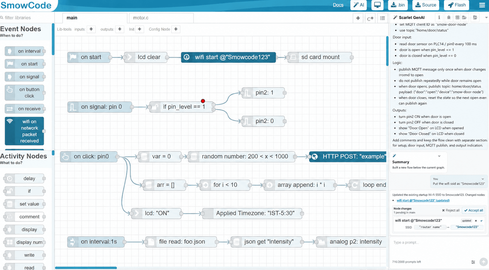 SmowCode Studio showing a flowchart firmware project